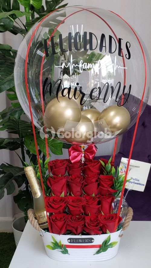 15 Rosas Importadas Escalonadas con Botella, Copa y Globo